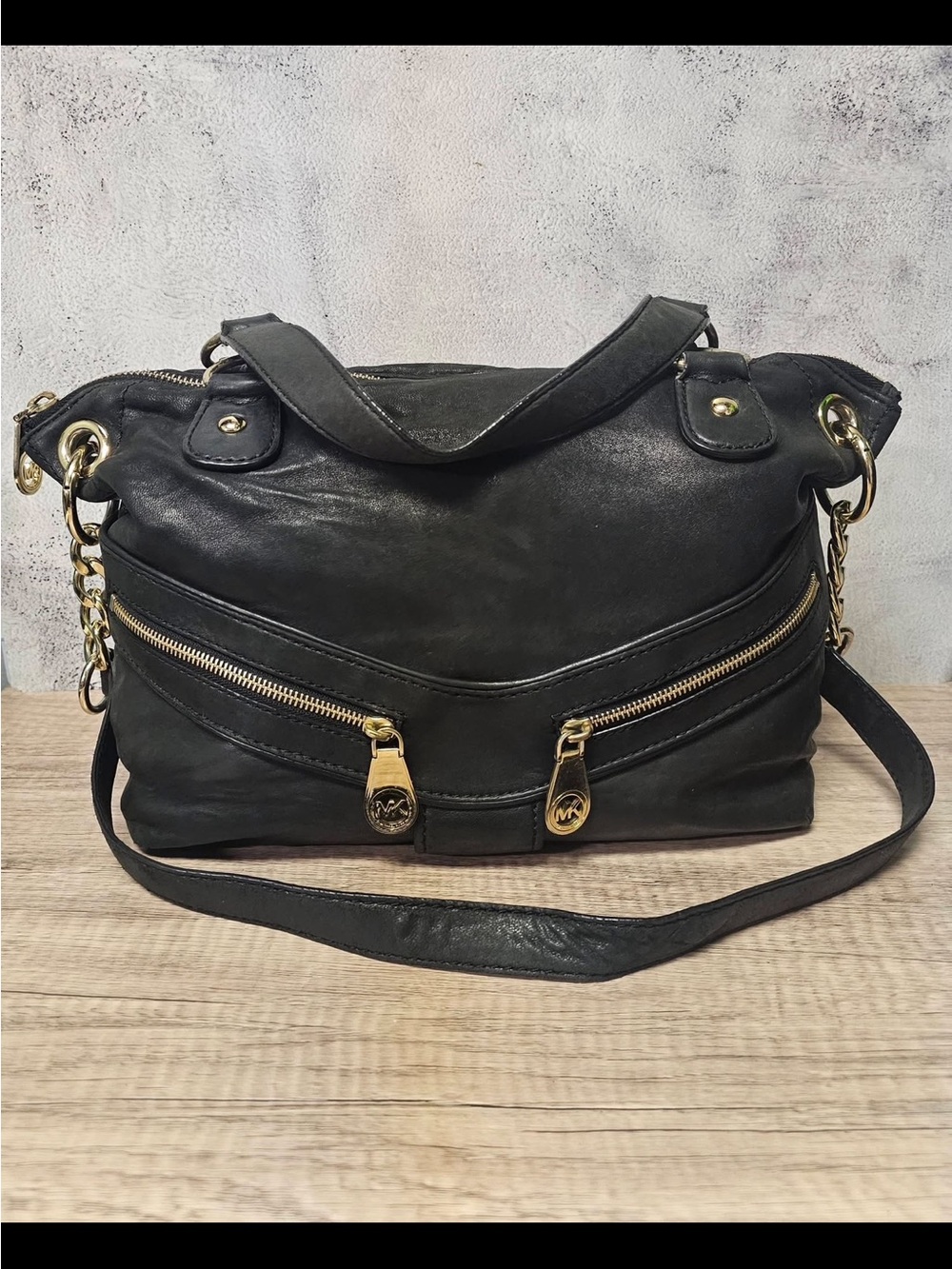 Michael Kors MK Black Leather Shoulder Bag with Gold Hardware